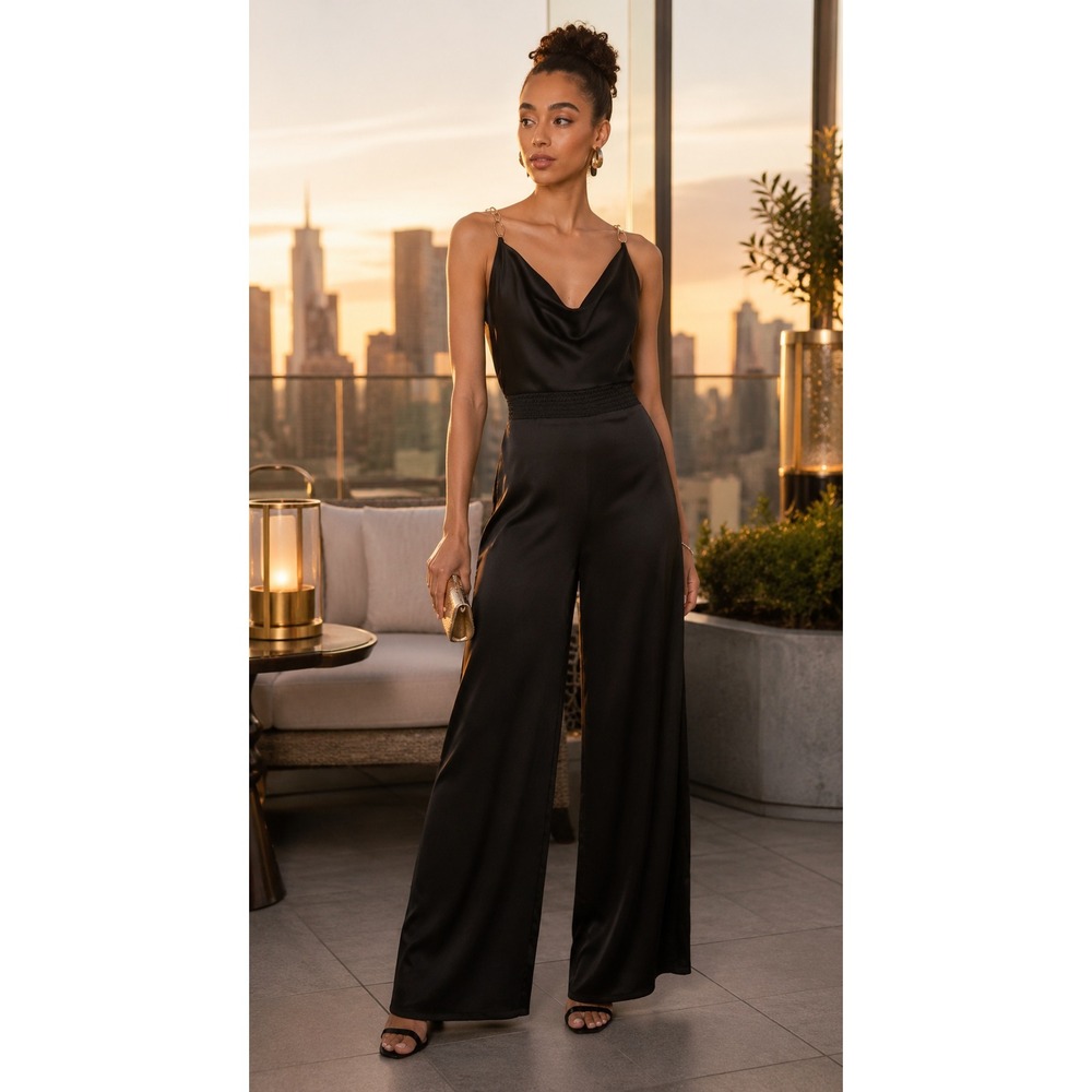 NWT Alice + Olivia Riska Chain Back Black Satin Wide Leg Jumpsuit Size 0